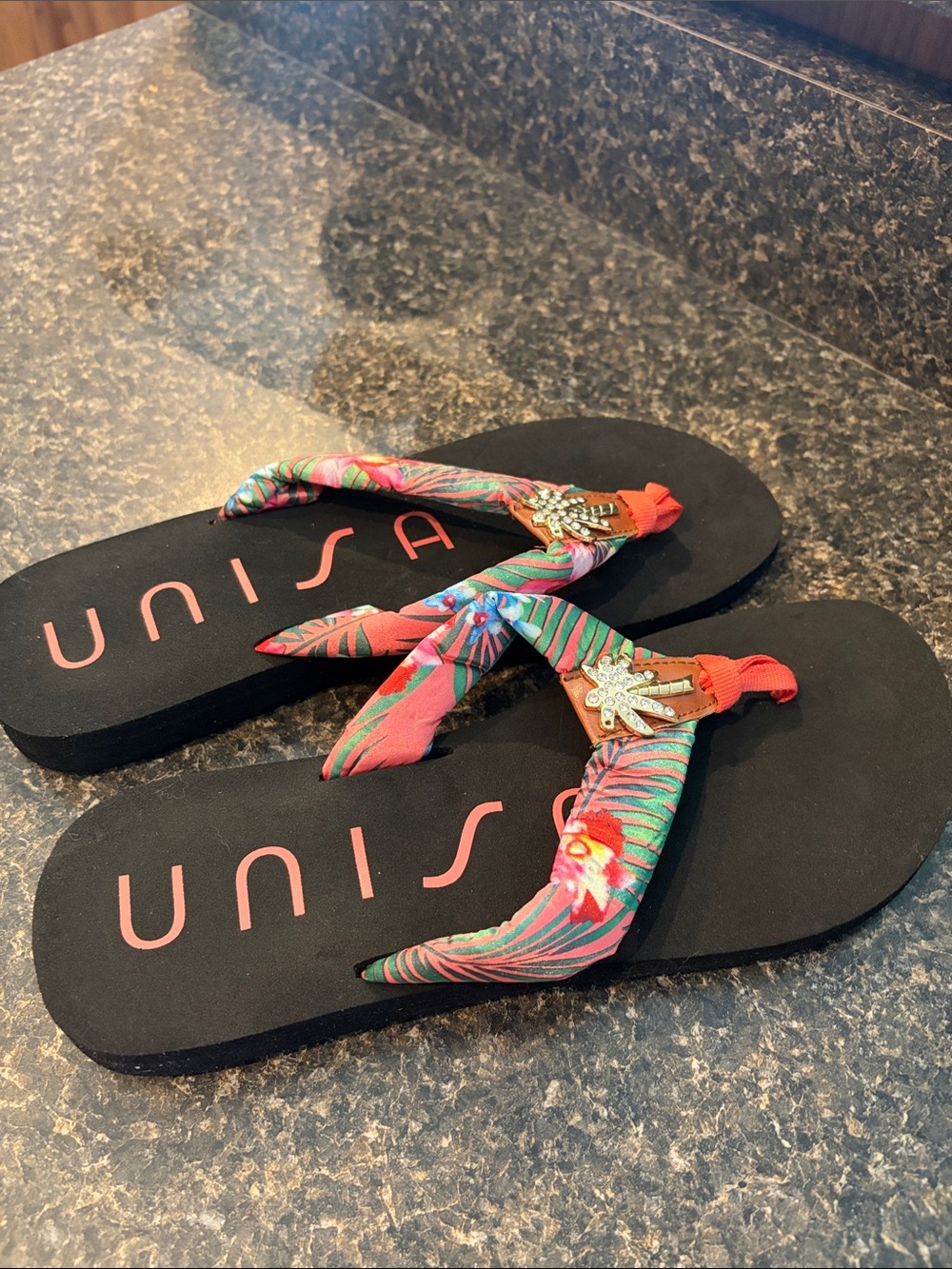 Unisa Black Flip Flops with Tropical Pink & Green Straps - Picture 5 of 5
